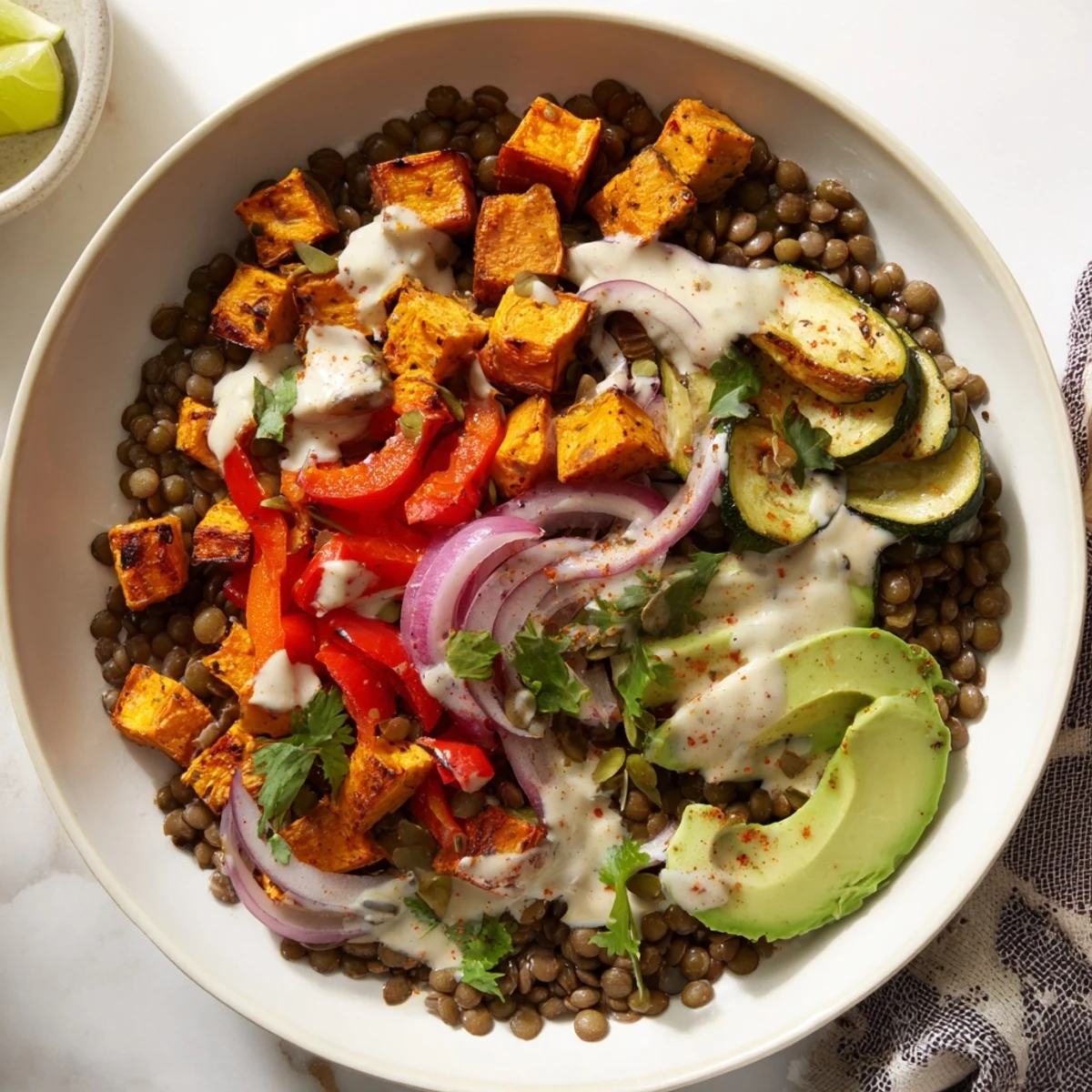 Tender lentils and roasted vegetables topped with creamy avocado and crunchy pumpkin seeds in this vibrant Vegan Lentil Bowl.