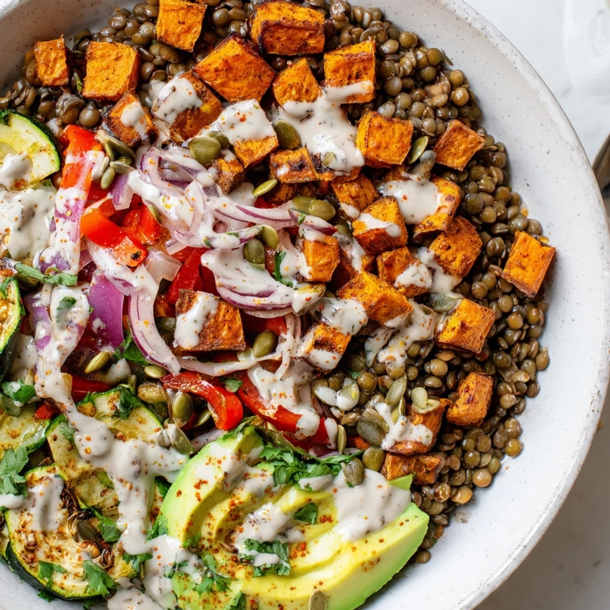 A colorful, protein-packed Vegan Lentil Bowl featuring sweet potato, bell peppers, and a drizzle of zesty tahini dressing.