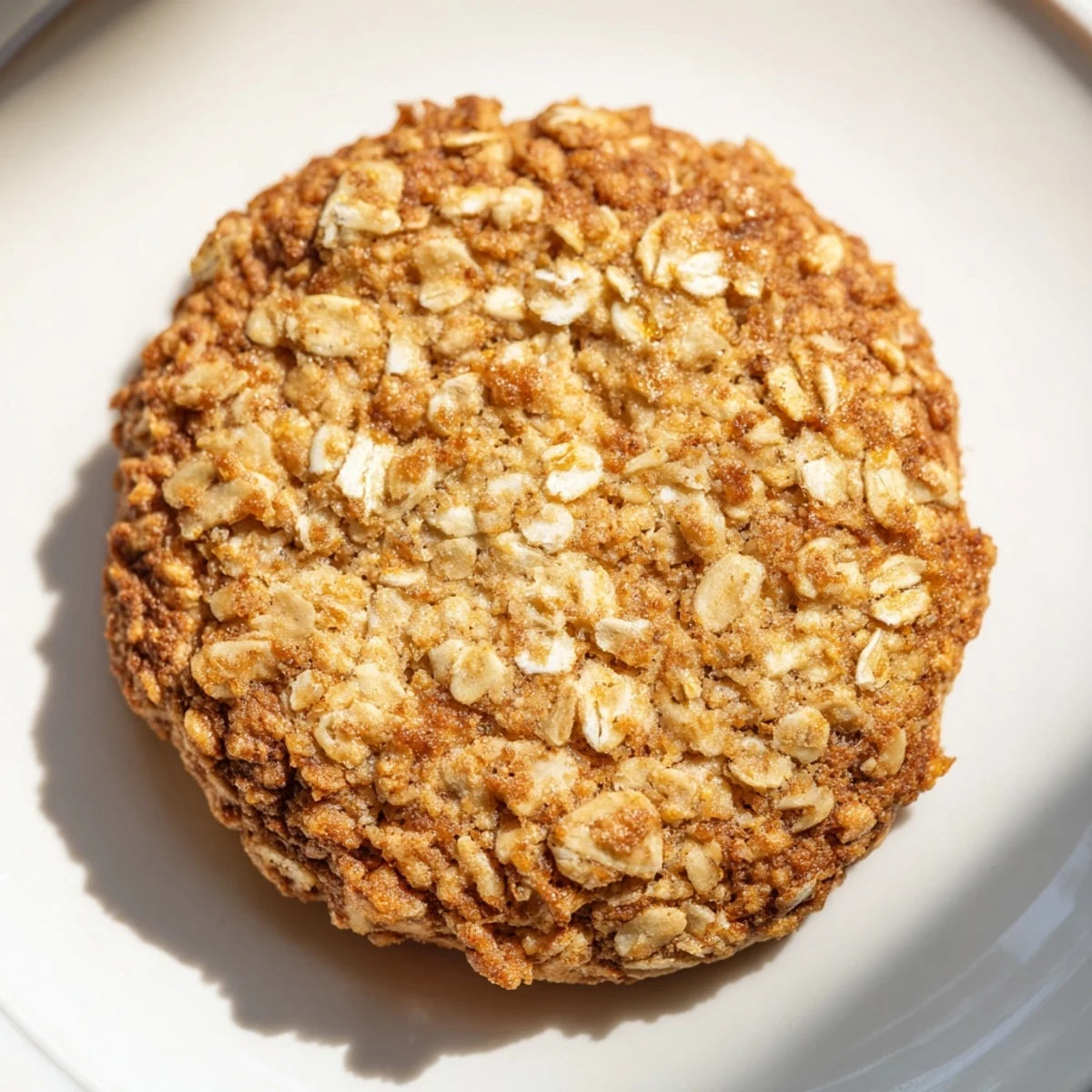 Freshly baked Cozy Oat Cookies with a golden-brown edge and a soft, chewy texture, resting on a rustic wooden board.
