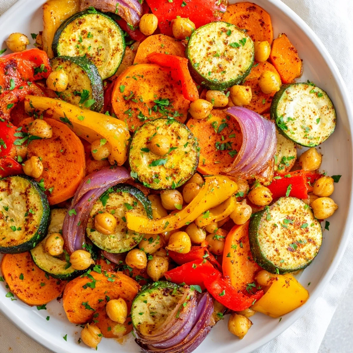 Roasted Vegan Veggie Treat with golden carrots, bell peppers, and zucchini on a baking tray, garnished with fresh parsley.  