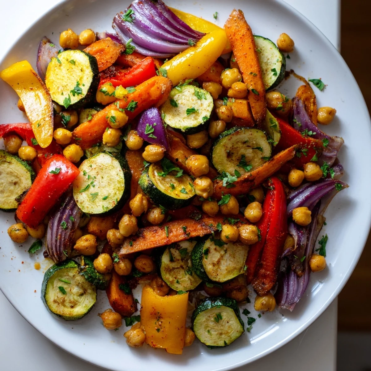 A vibrant Vegan Veggie Treat featuring spiced chickpeas and tender vegetables, perfect over quinoa or leafy greens.  