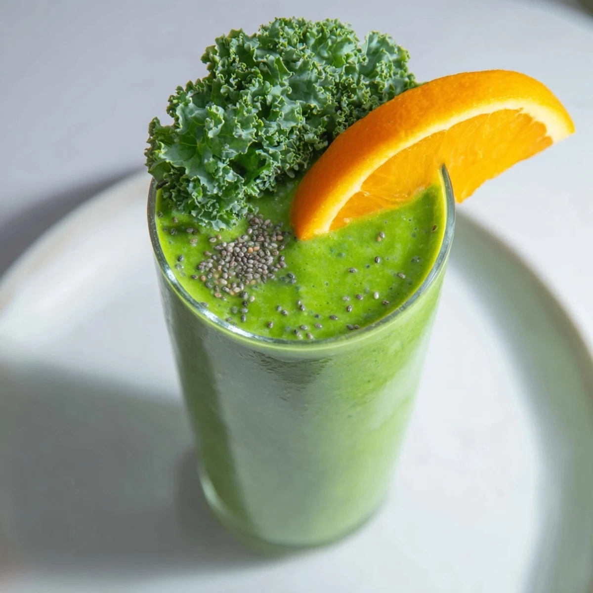 Two glasses of vibrant green Bright Kale Smoothie garnished with fresh pineapple and chia seeds, perfect for a refreshing breakfast or energizing snack.