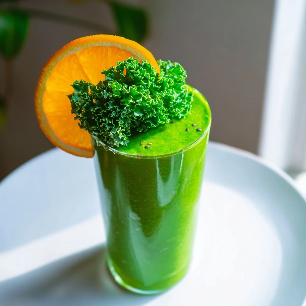 A close-up of the Bright Kale Smoothie's creamy texture, highlighting the tropical fruits and ginger in a tall glass.