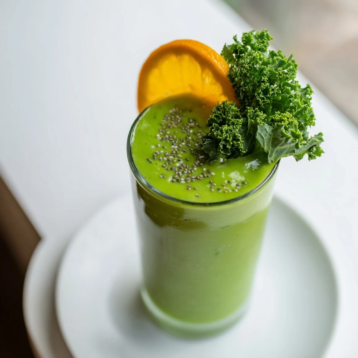 Bright Kale Smoothie poured into a glass with a reusable straw, showcasing its vivid green color and fresh kale leaf garnish.