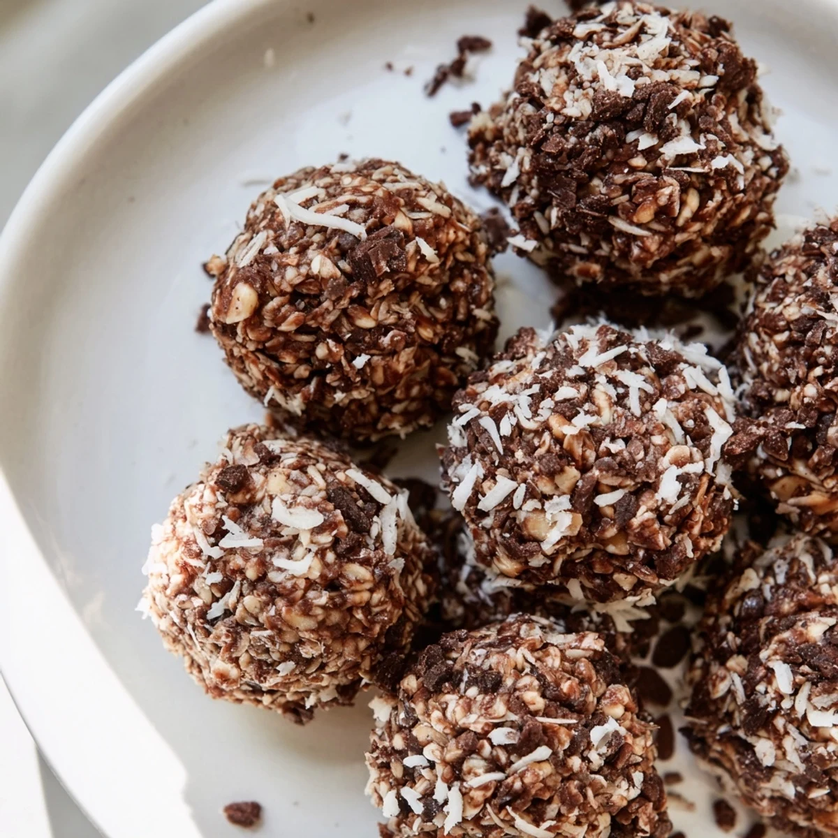 A close-up view of Winter Cacao Bites arranged on a rustic tray, highlighting their rich, dark brown texture and shredded coconut coating. 