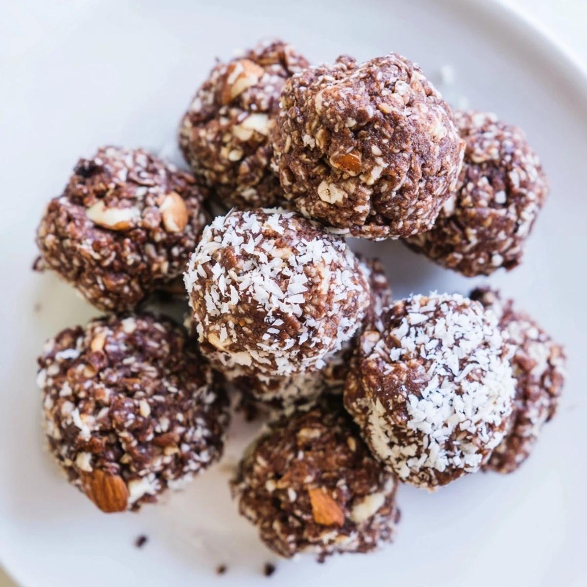Freshly rolled Winter Cacao Bites garnished with chopped walnuts and almonds, perfect for a healthy vegan treat on a cold day.