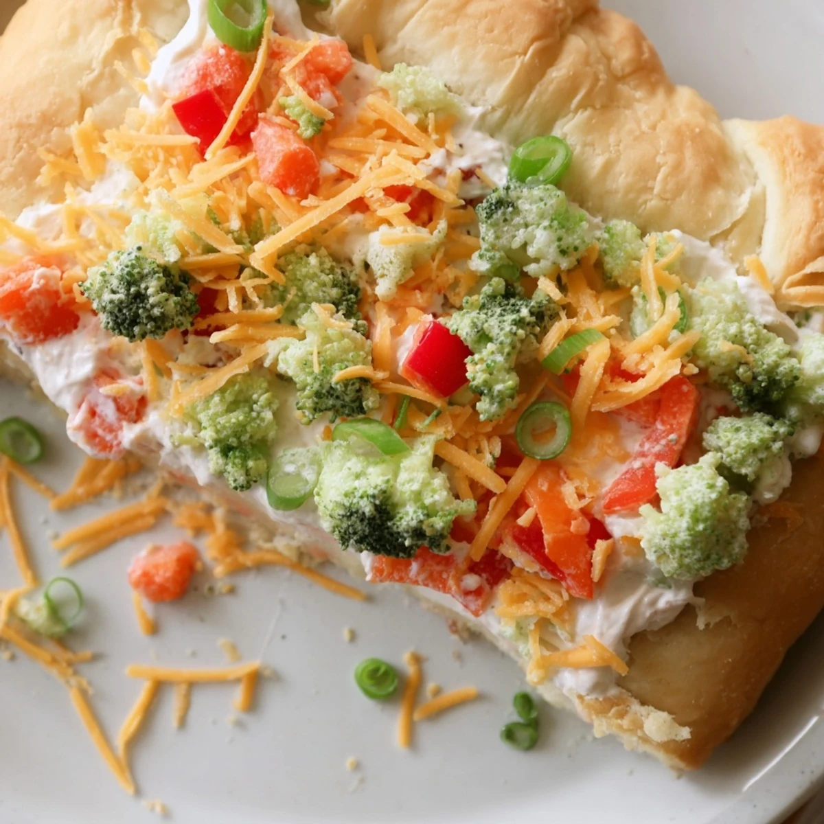 Fresh Veggie Bars stacked on a white platter, featuring a crisp crust and layers of cream cheese and rainbow vegetables for a refreshing snack.  