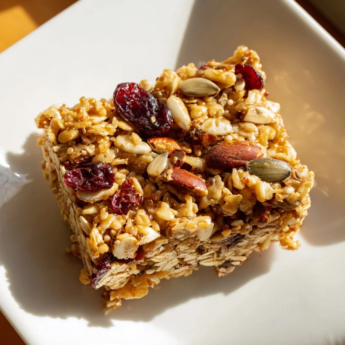 Golden-brown Warm Quinoa Bars studded with chewy dried cranberries and crunchy almonds, resting on a wooden board.