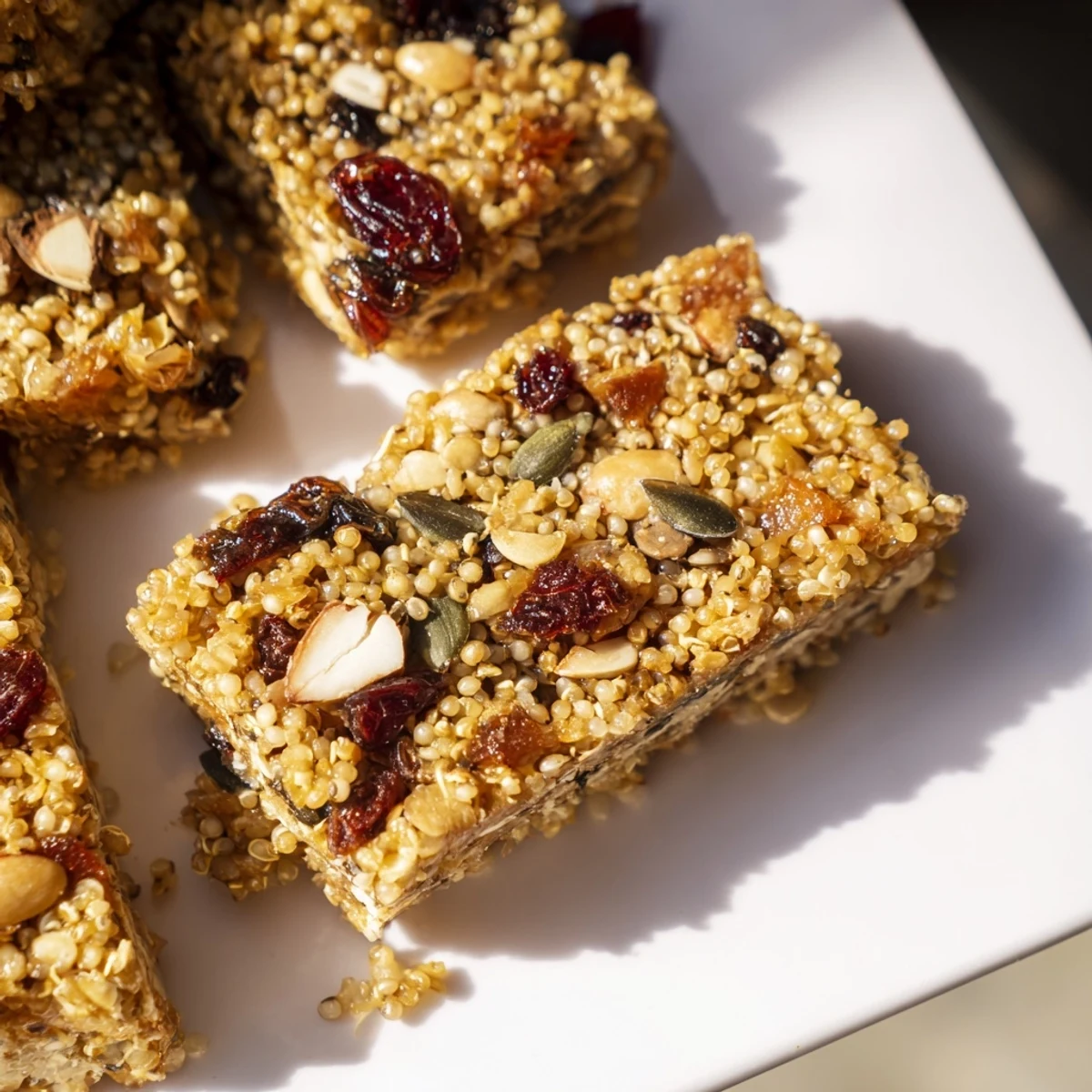 A close-up of warm quinoa bars drizzled with honey, showing the hearty texture of oats, nuts, and seeds.