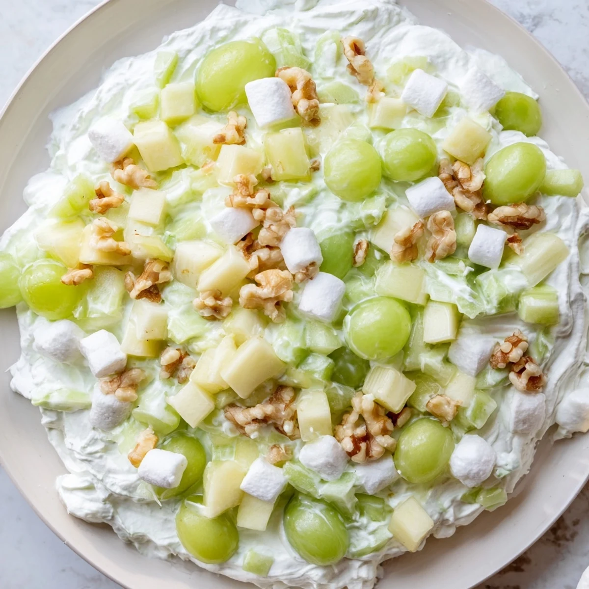Chilled frosted green salad featuring whipped topping, cottage cheese, and lime gelatin, perfect for a holiday potluck table.