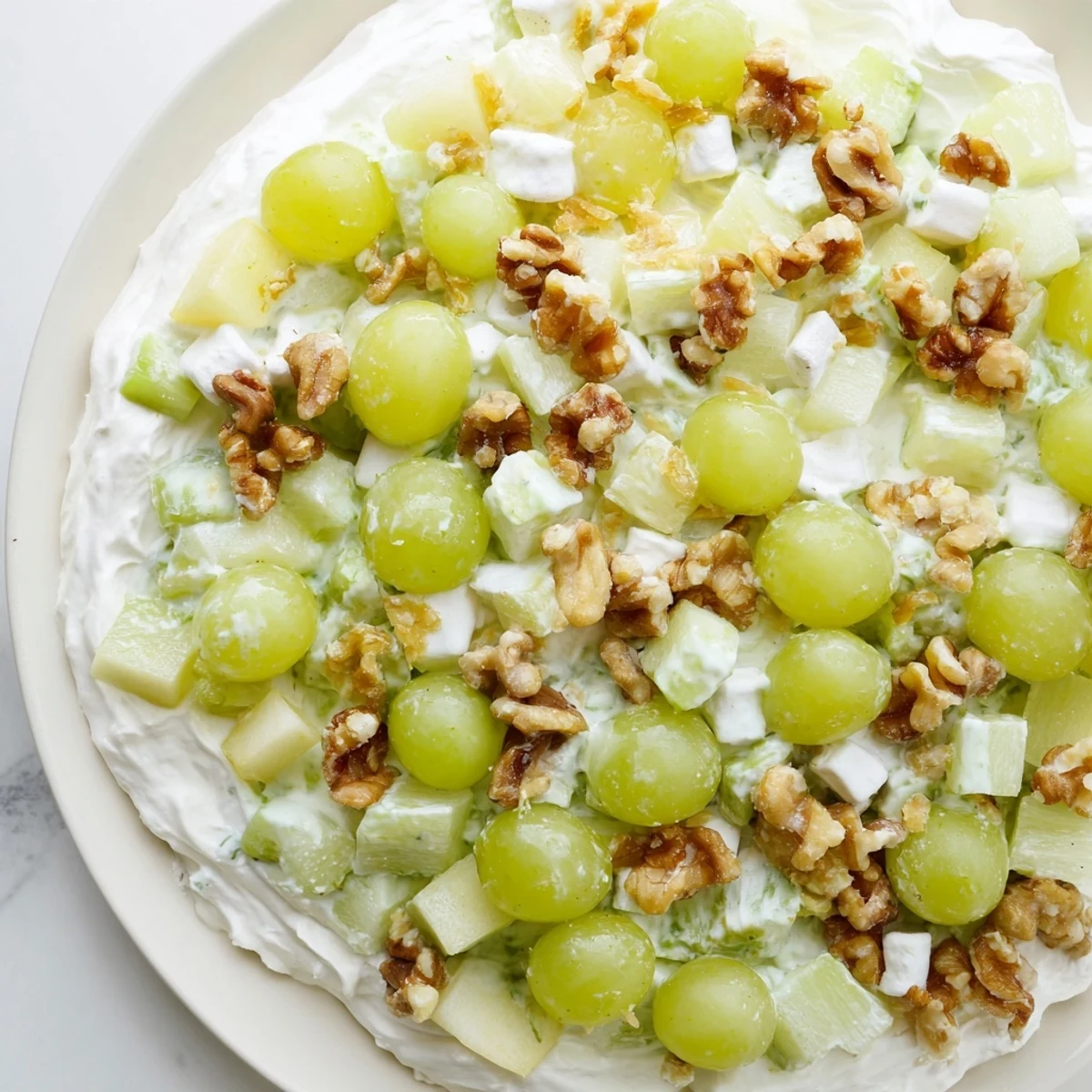 Bright green salad with crunchy celery, walnuts, and mini marshmallows in a sweet, creamy dressing on a wooden table.