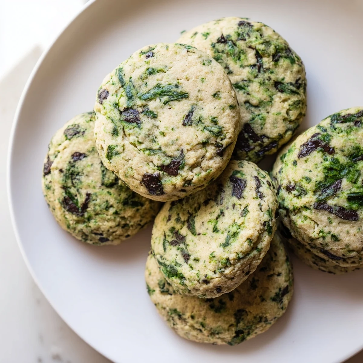 Freshly baked Vegan Spinach Cookies with a soft, vibrant green texture and optional chocolate chips, served warm.  