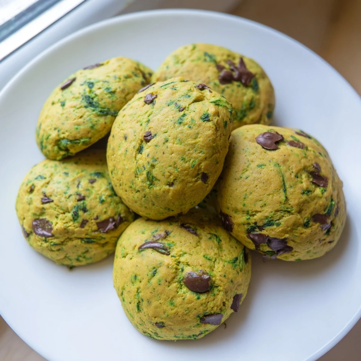 Close-up of golden-edged Vegan Spinach Cookies, showcasing their moist, nutrient-rich interior and wholesome snack appeal.  