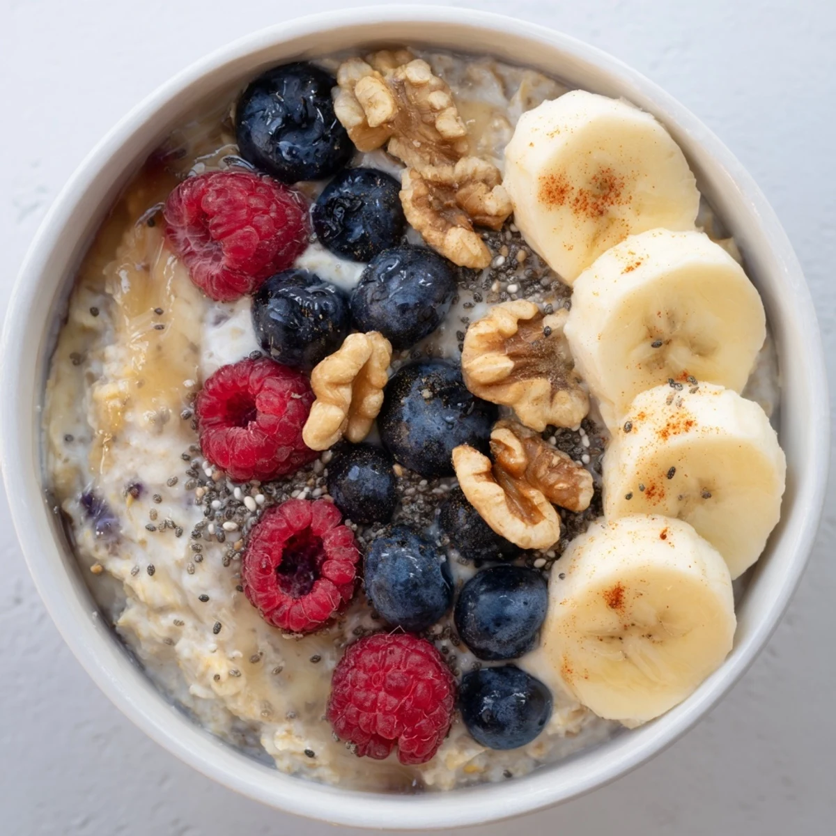 A warm bowl of Cozy Oat Bowl topped with sliced bananas, fresh berries, and crunchy walnuts for a nourishing breakfast.