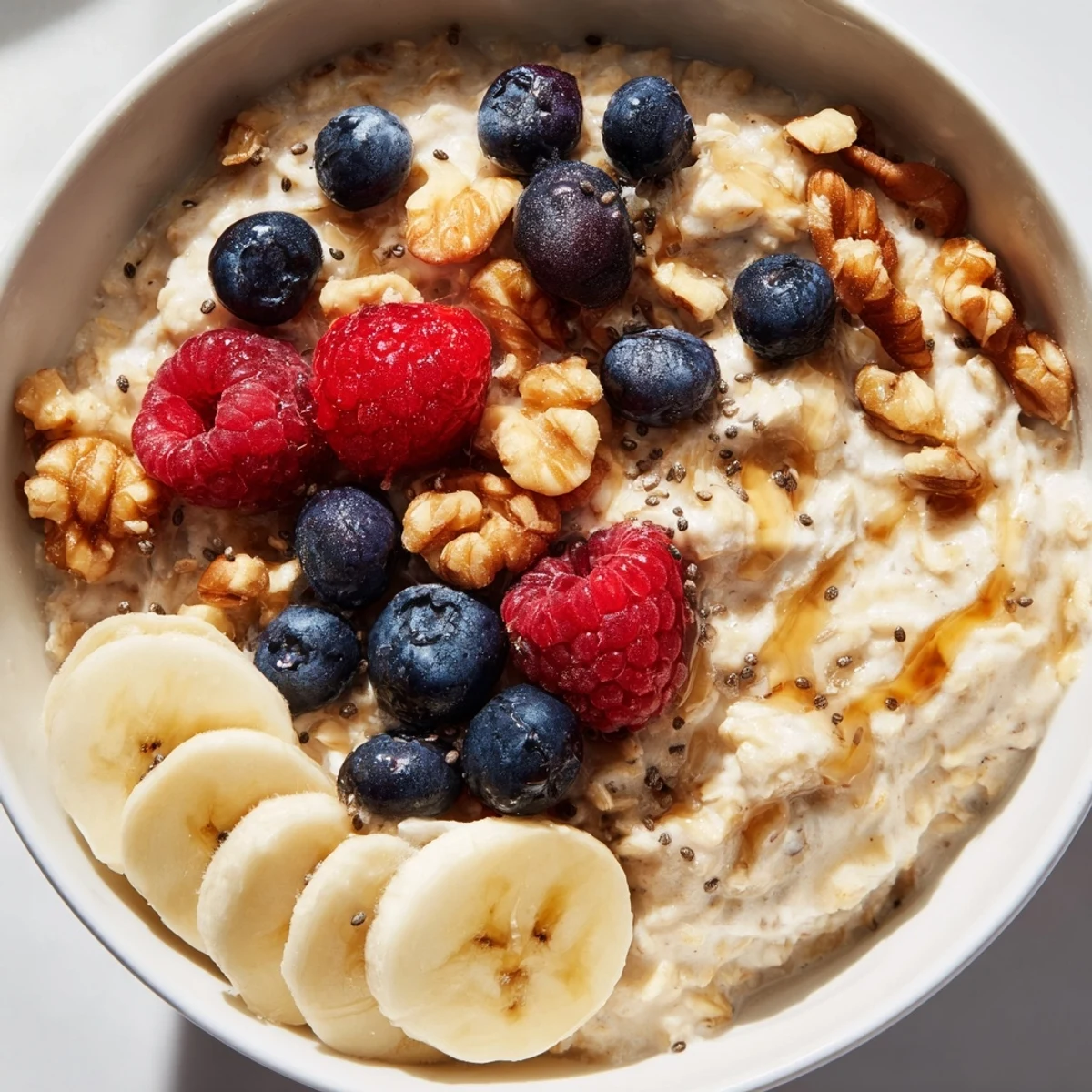 Creamy Cozy Oat Bowl in a rustic ceramic bowl, garnished with cinnamon, maple syrup drizzle, and a side of berries.