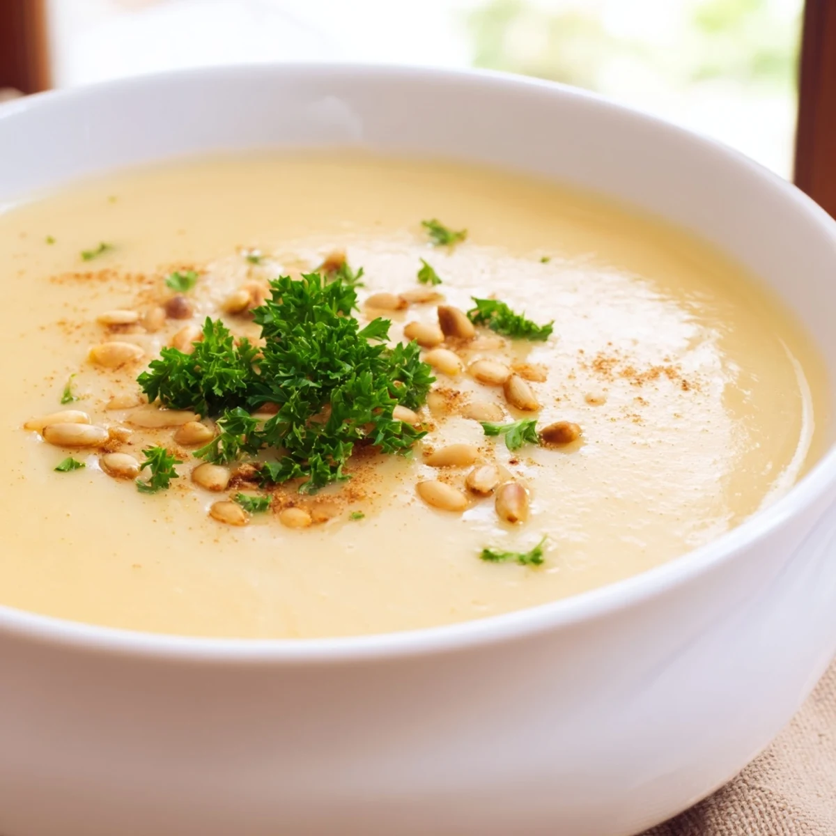 A warm bowl of Wholesome Apple Soup garnished with parsley and pumpkin seeds, perfect for a cozy autumn starter.