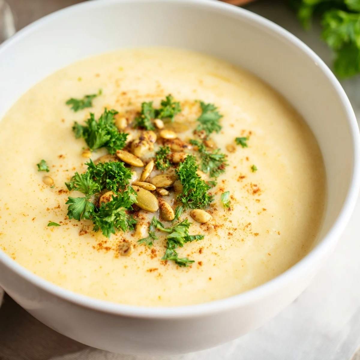 Healthy, dairy-free Wholesome Apple Soup topped with fresh chives and croutons, a vibrant and comforting meal.