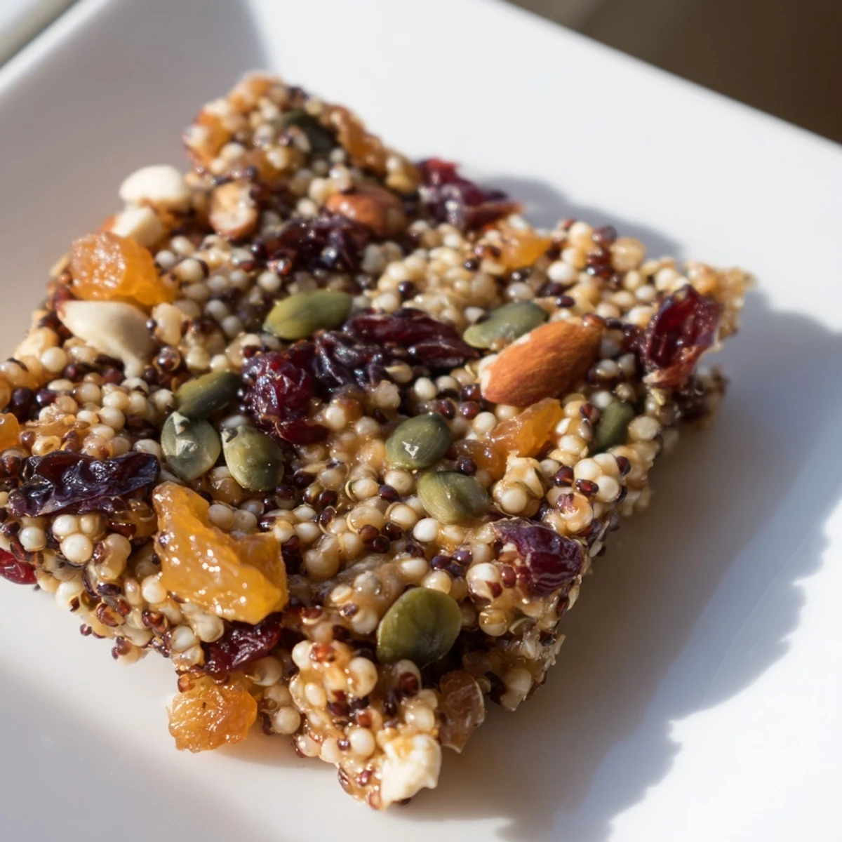 Freshly baked Vegan Quinoa Treat bars cooling on a wire rack, showcasing golden edges and colorful dried fruit pieces.