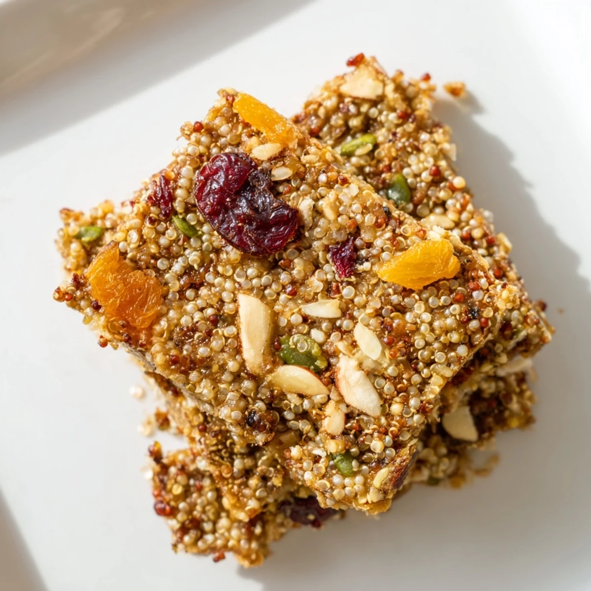 Overhead view of Vegan Quinoa Treat bars on a wooden board, perfect for a healthy snack or quick breakfast.