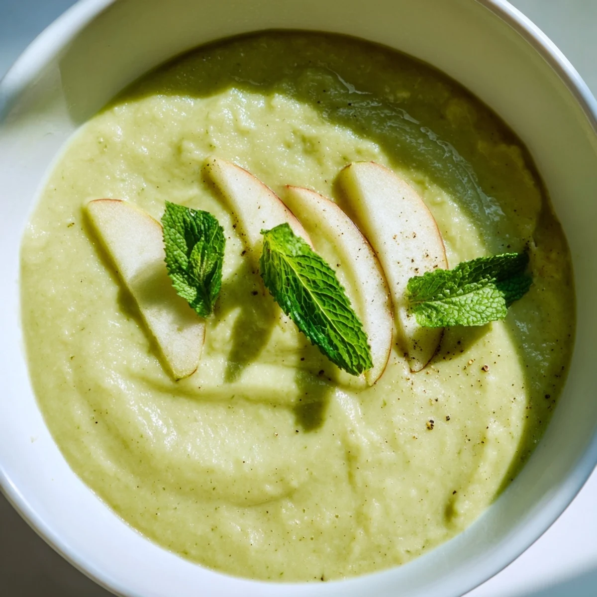 Crisp Apple Soup served chilled in a white bowl, garnished with fresh mint leaves and thin apple slices.