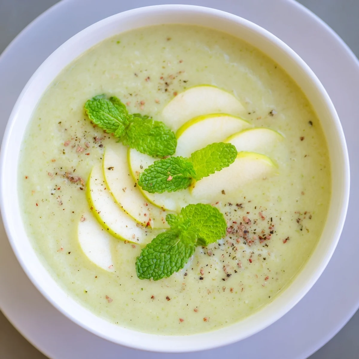 Crisp Apple Soup with a swirl of yogurt, a hint of ginger, and a chilled spoon ready to serve.