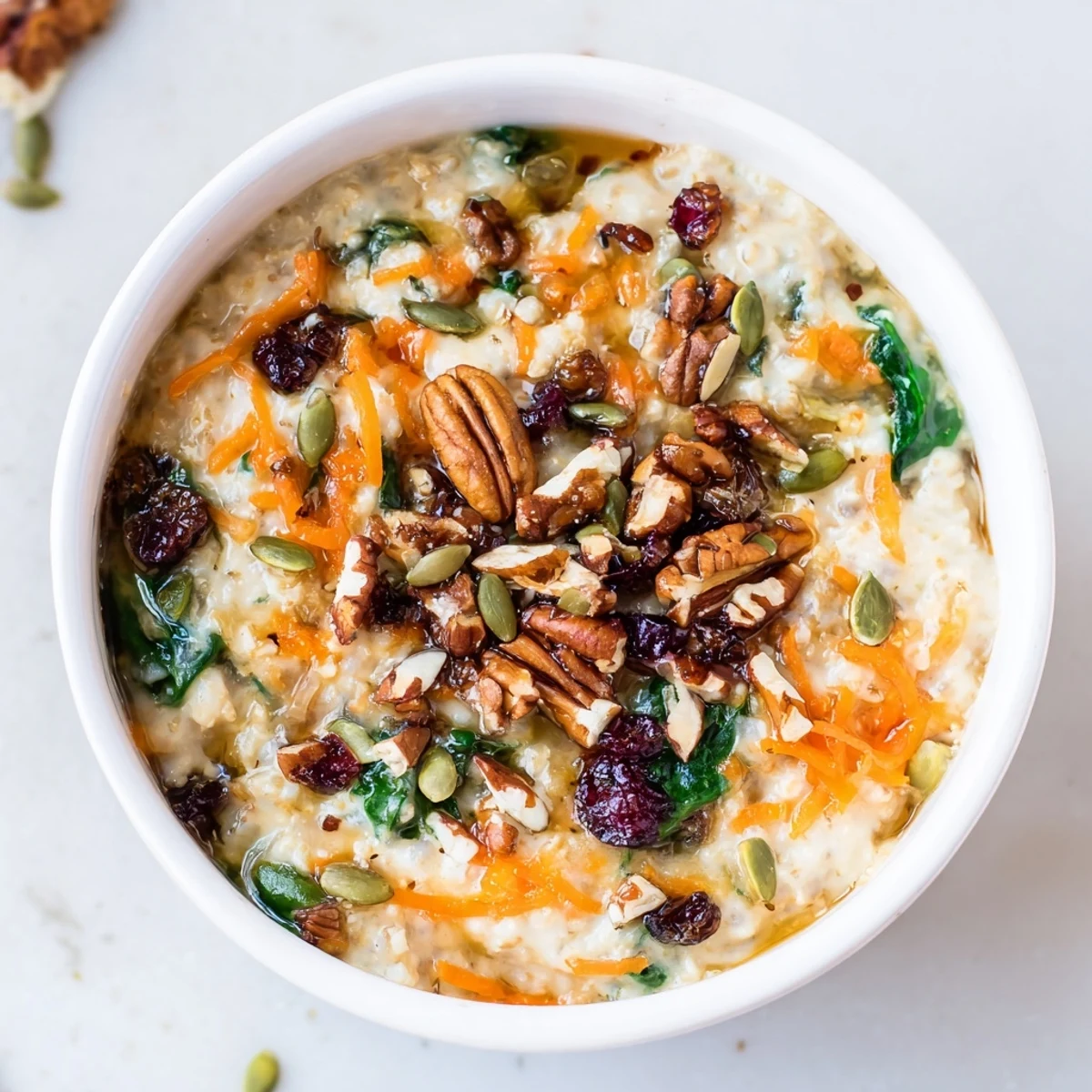 Steaming Festive Veggie Porridge served warm with tender parsnip, apple, and fresh spinach, finished with dried cranberries for a festive breakfast.