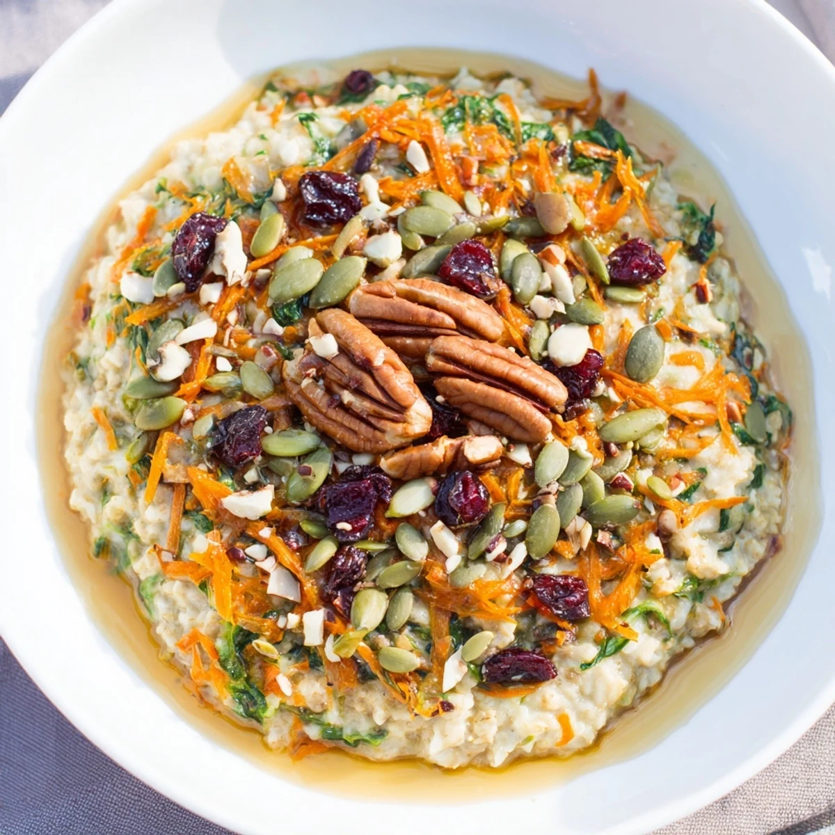 A cozy bowl of Festive Veggie Porridge with creamy oats, grated carrot, and warm cinnamon spices, topped with toasted pecans and maple syrup.