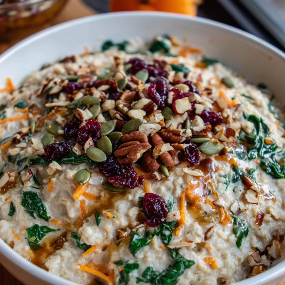 A nourishing serving of Festive Veggie Porridge, gluten-free and vegetarian, featuring aromatic nutmeg, ginger, and crunchy pumpkin seeds on a cold morning.