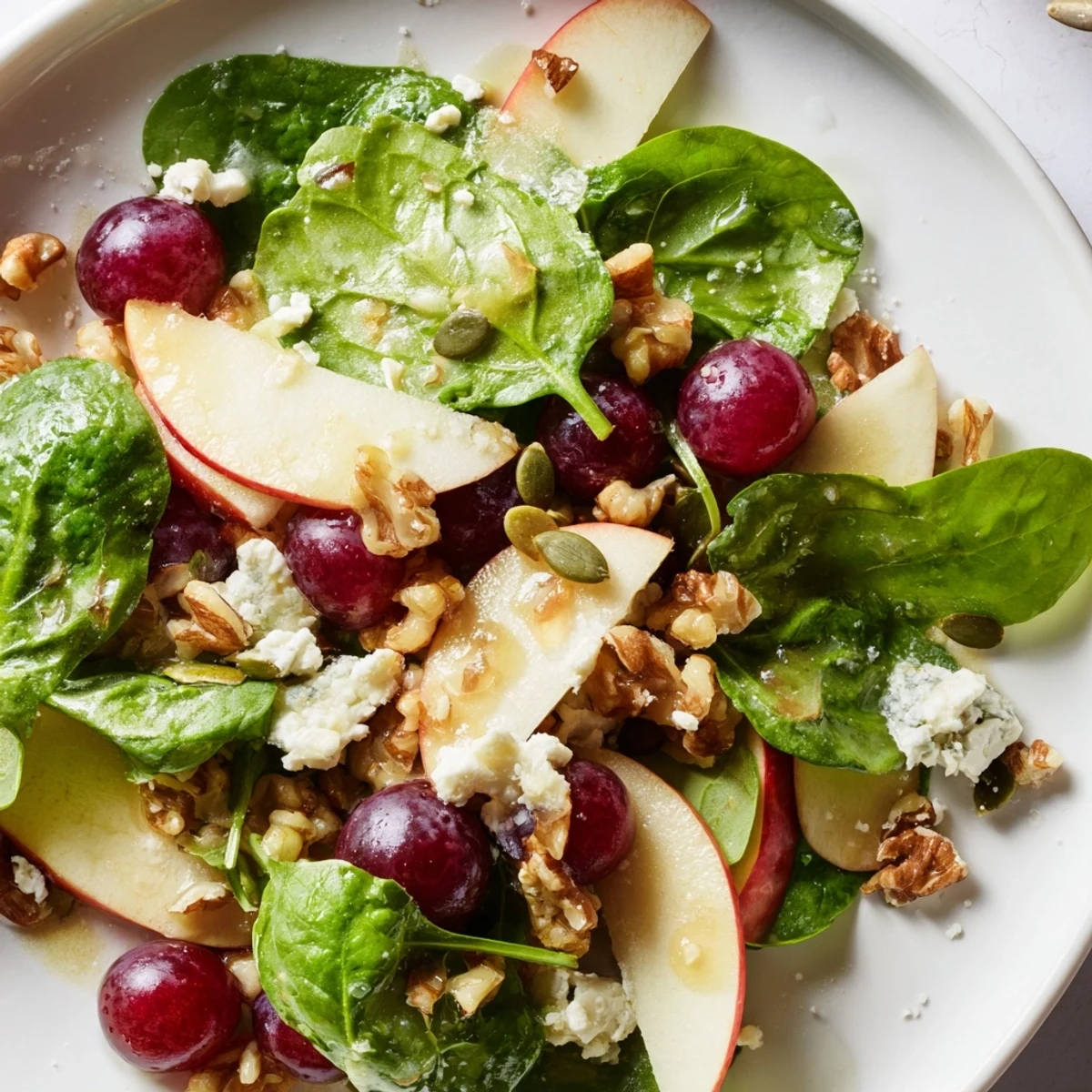A vibrant Bright Apple Bowl salad with crisp apple slices, greens, walnuts, and honey-lemon dressing served in a white bowl. 