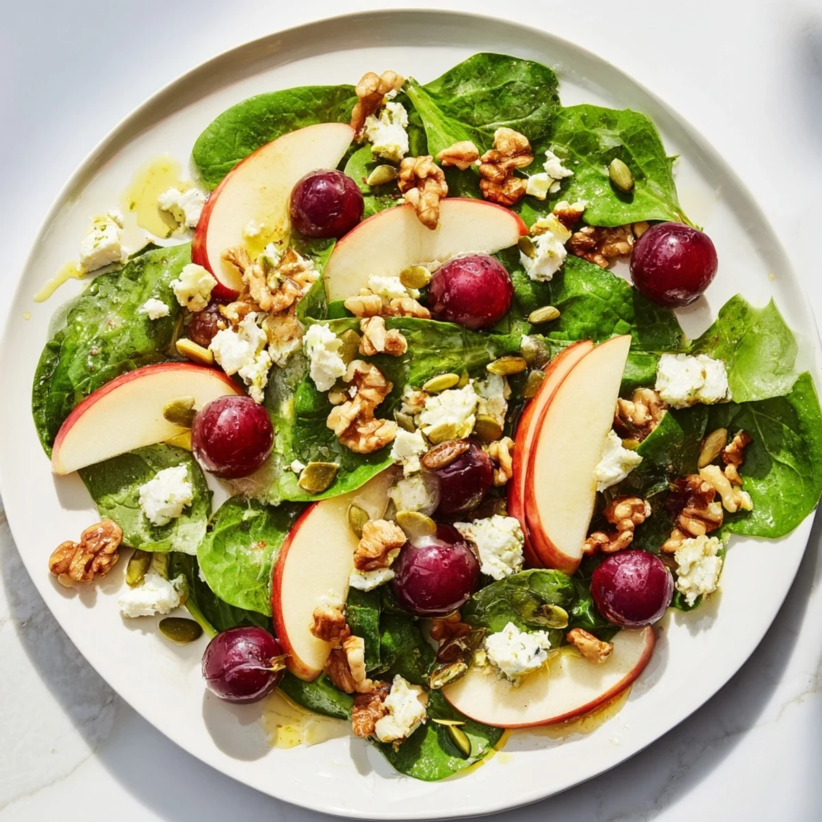 This fresh Bright Apple Bowl features crunchy apples, baby spinach, crumbled feta, and toasted pecans tossed with tangy honey-lemon dressing. 