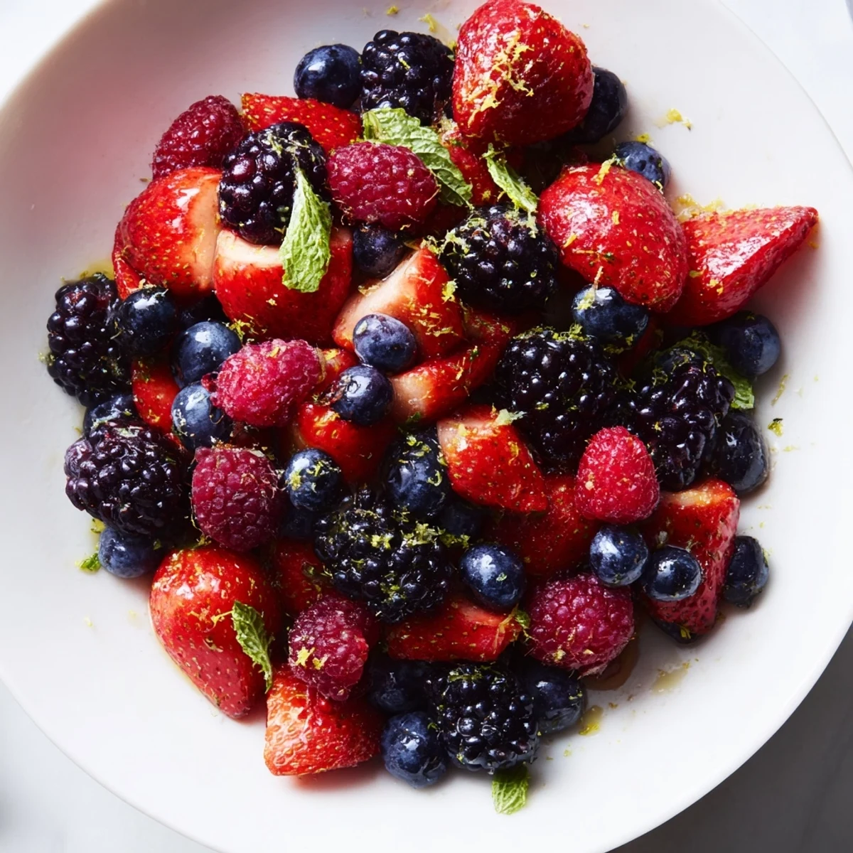 This chilled Fresh Berry Bowl features assorted berries tossed in a sweet lemon glaze, served in a ceramic bowl for breakfast.