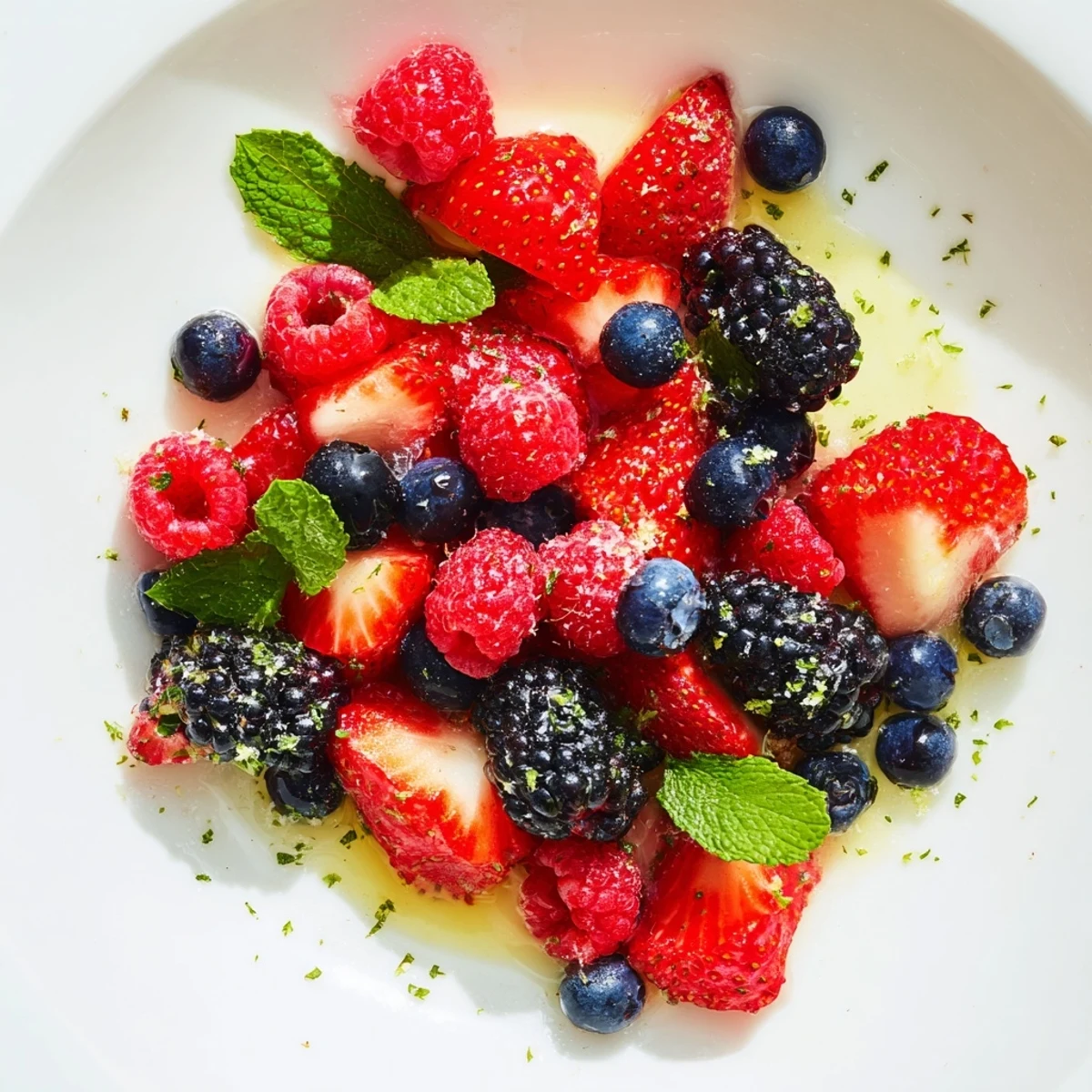 Garnished with fresh mint, the Fresh Berry Bowl offers a colorful medley of ripe berries, perfect for a refreshing vegan snack.