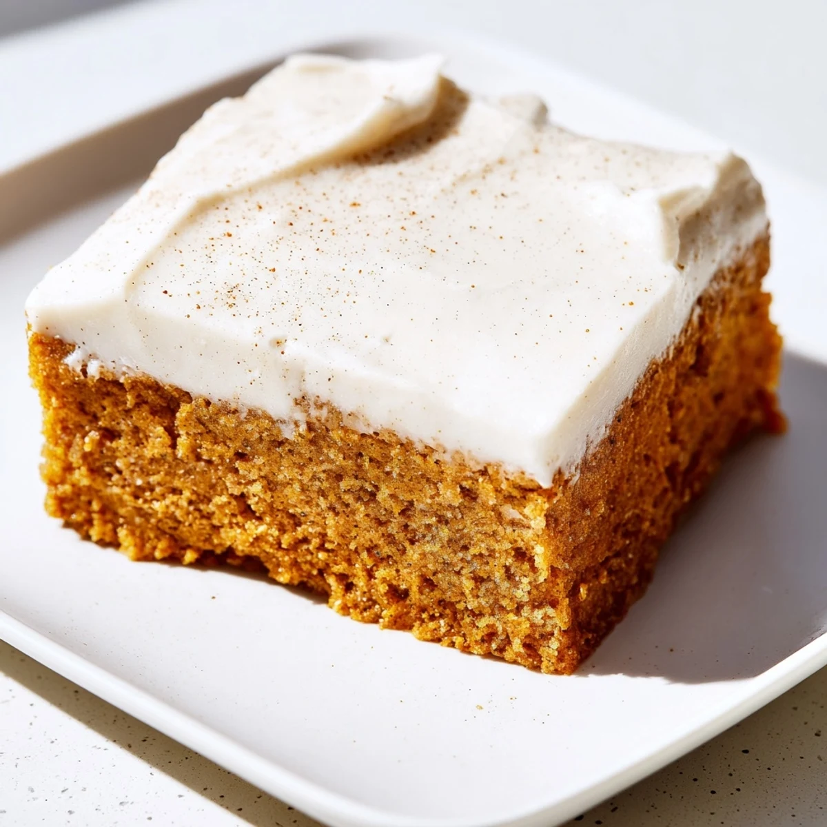 Golden Frosted Pumpkin Bars with creamy vanilla frosting, served on a rustic wooden board beside a steaming mug of coffee.