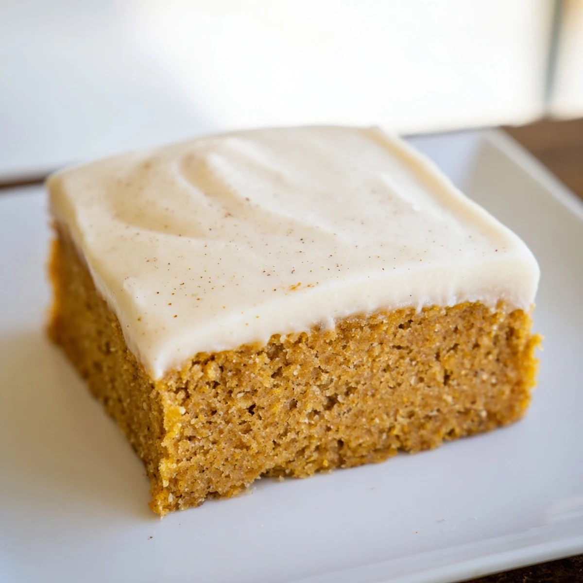 These Frosted Pumpkin Bars are cut into squares, garnished with chopped pecans, perfect for autumn gatherings and cozy treats.