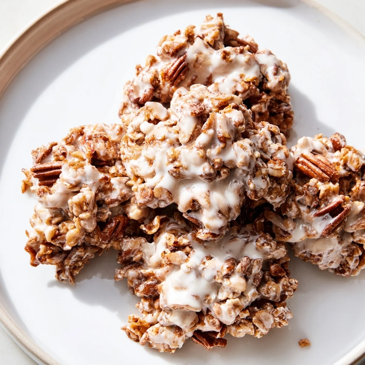 Golden-brown Frosted Ginger Clusters with sweet vanilla drizzle, ready to serve alongside a warm cup of spiced chai tea.