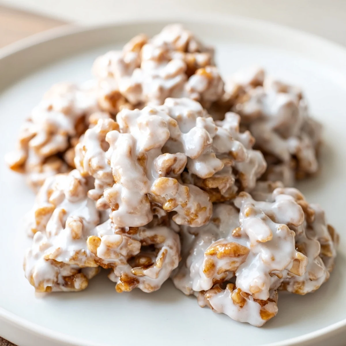 Close-up of Frosted Ginger Clusters on a baking sheet, showing glossy white frosting dripping down the sides.