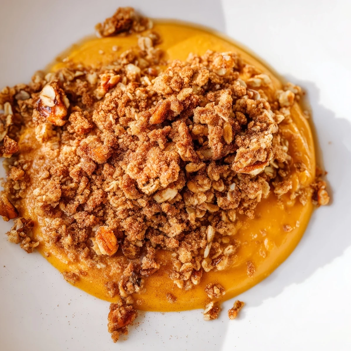 Warm Vegan Pumpkin Treat dessert with a spiced pumpkin base and crunchy oat-pecan topping on a rustic plate.