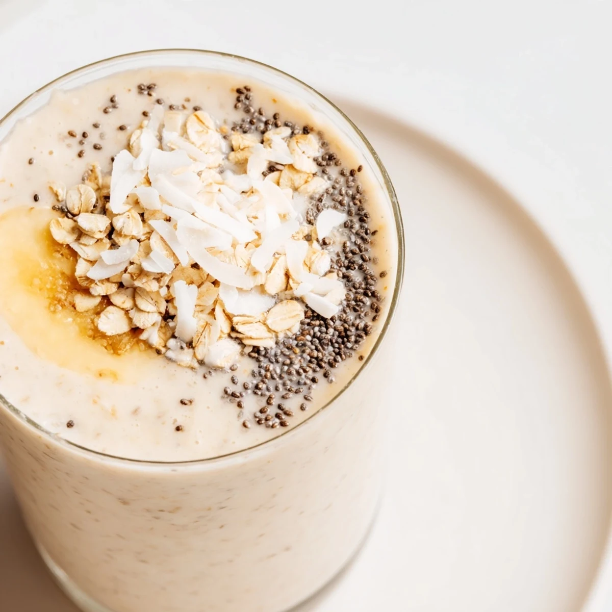 Bright Oat Smoothie served in a tall glass with a creamy orange hue, topped with chia seeds and shredded coconut for a nourishing breakfast.