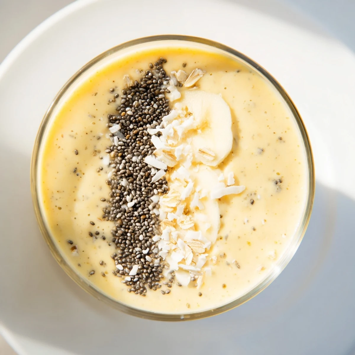 A close-up of a vibrant Bright Oat Smoothie blending oats, banana, and citrus, poured into a glass ready for a refreshing morning sip.