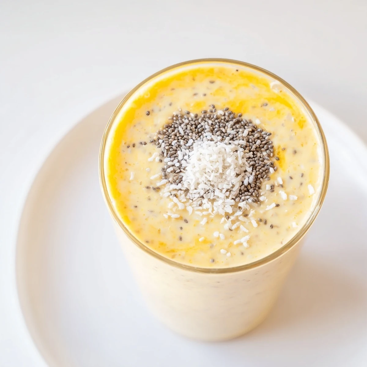 The Bright Oat Smoothie shows a creamy texture with golden turmeric swirls, garnished with coconut and chia seeds for a healthy, energizing start.