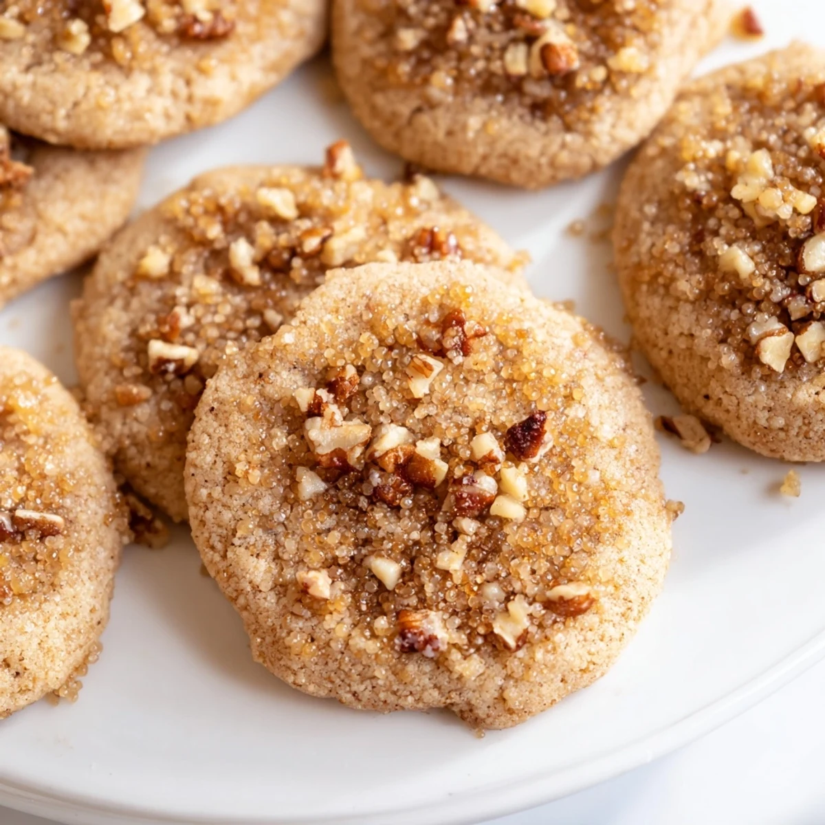 A close-up of warm Winter Maple Cookies topped with sparkling maple sugar and chopped pecans.