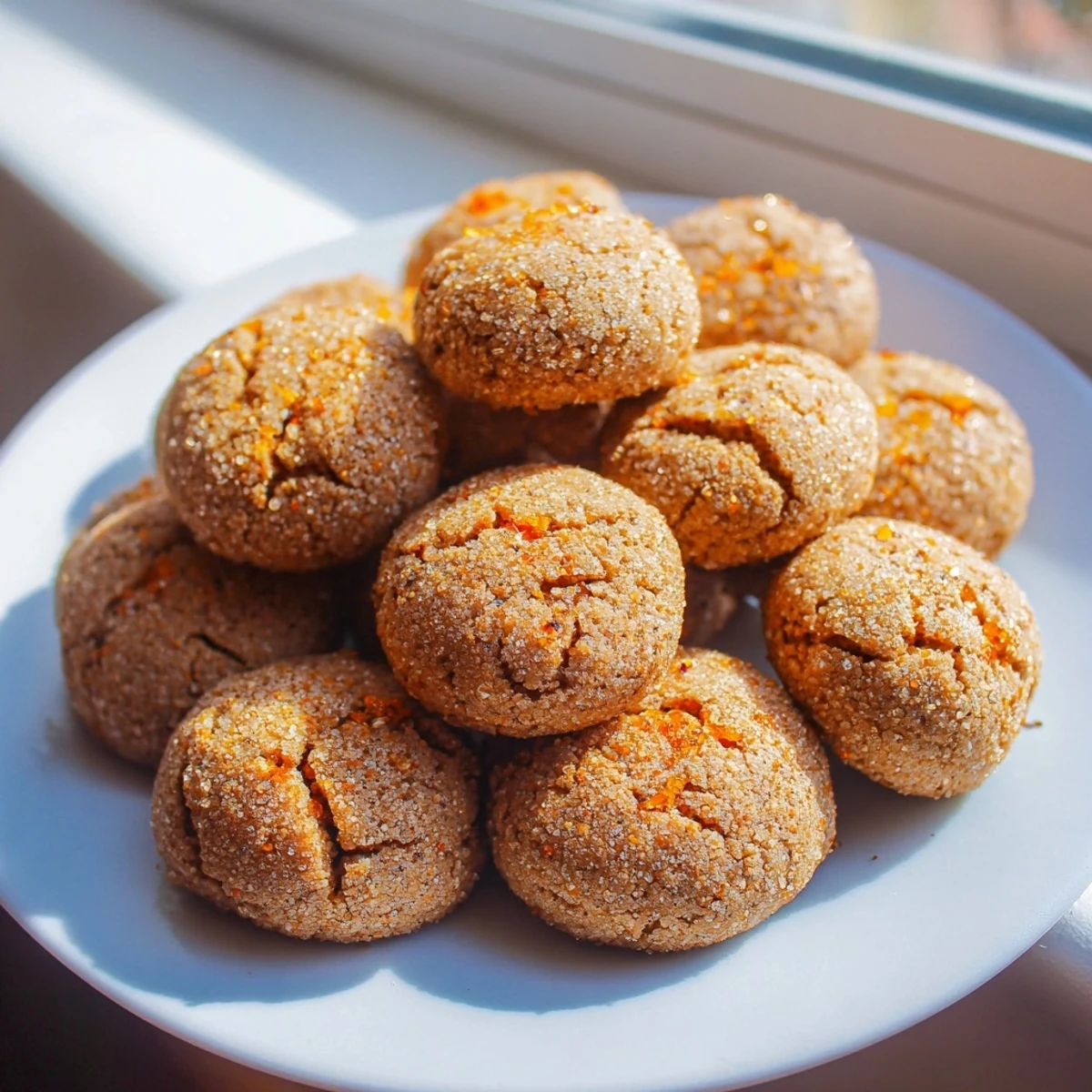 Festive Ginger Bites lined up on a rustic tray with crackled tops and sugar sparkle.