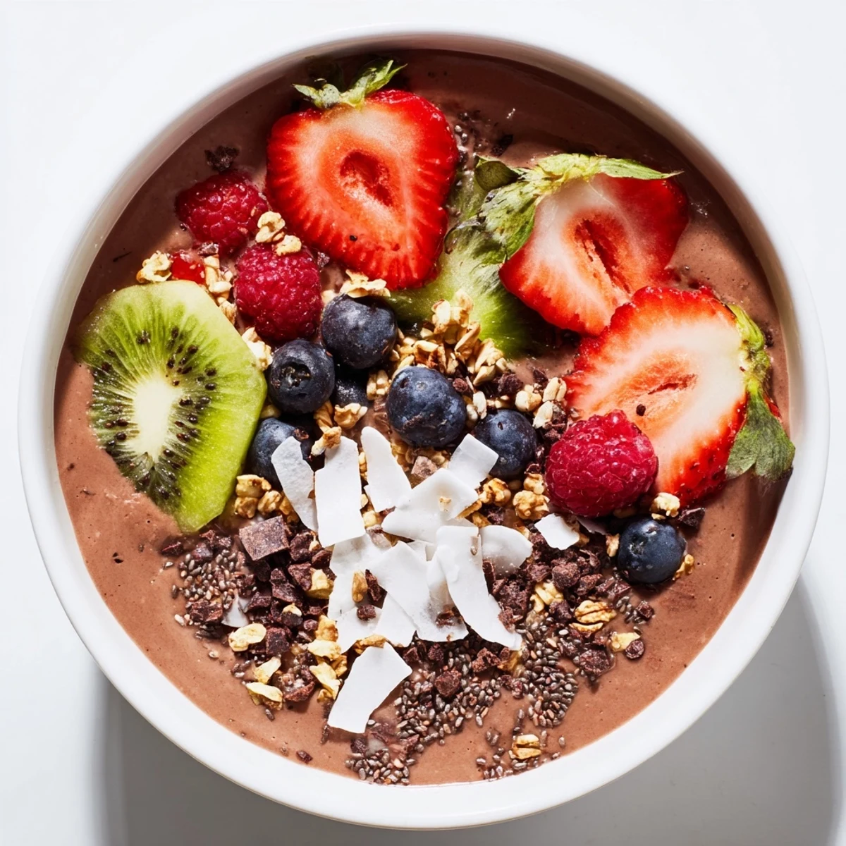 Overhead view of a creamy Bright Cacao Bowl, rich in cacao and beautifully arranged with vibrant fruits and wholesome toppings.