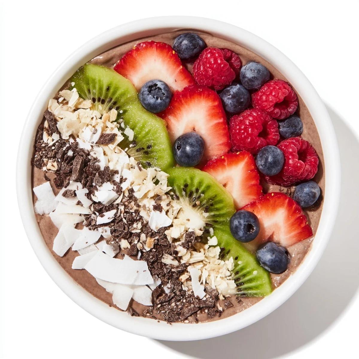 Healthy Bright Cacao Bowl with a rich chocolate base, fresh fruit, and crunchy granola, served for a nourishing breakfast.
