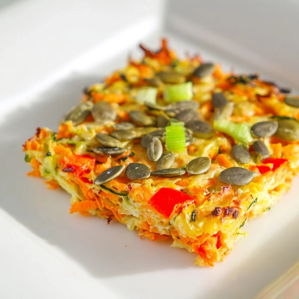 Golden-brown Crisp Veggie Bars studded with carrots, zucchini, and red bell pepper sit on a wooden board.