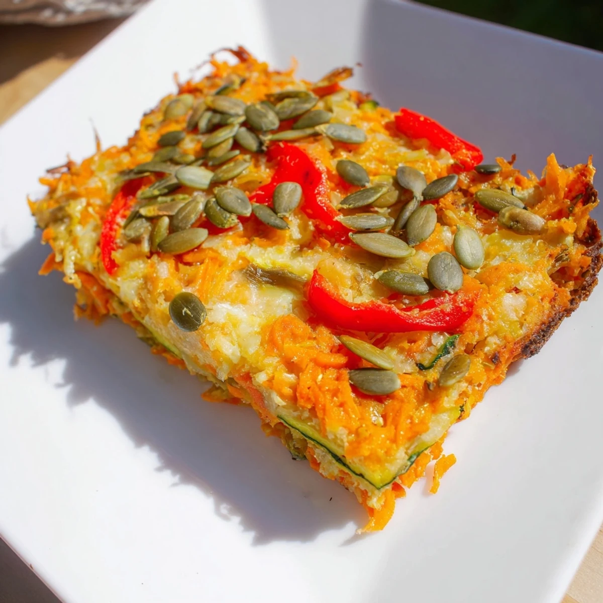 A close-up of Crisp Veggie Bars shows crunchy seeds and herbs baked into a hearty snack bar.