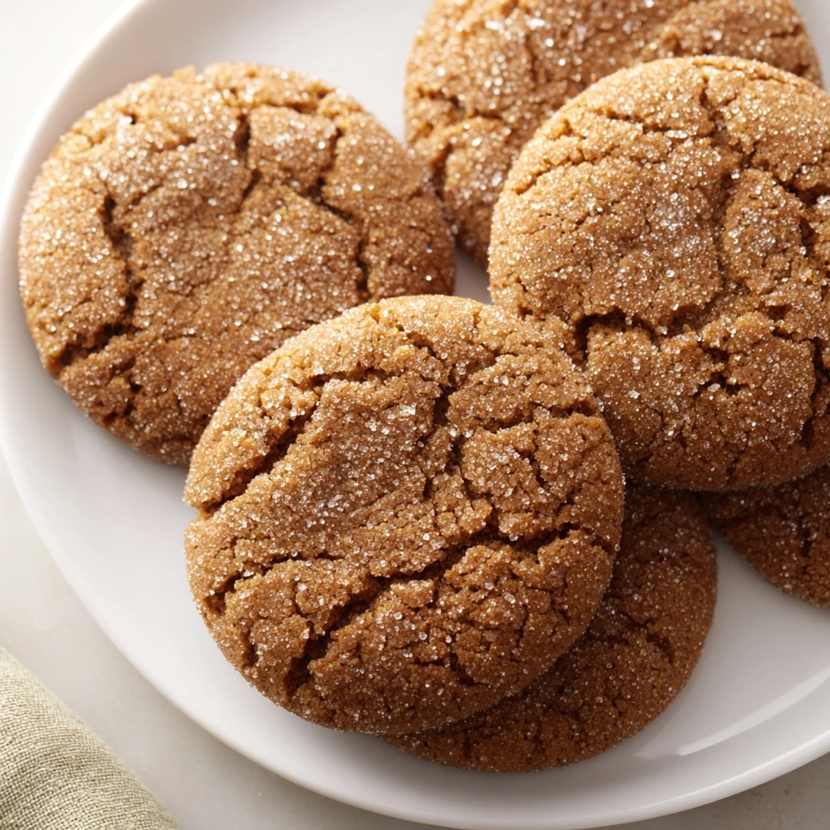 Freshly baked Winter Ginger Bites cookies arranged on a rustic wooden board, showing their crisp sugary edges.