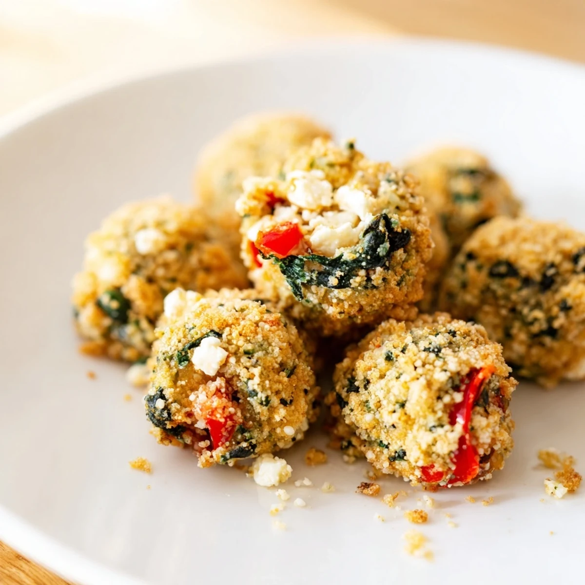 A plate of Festive Spinach Bites garnished with fresh herbs, arranged for a festive appetizer spread.