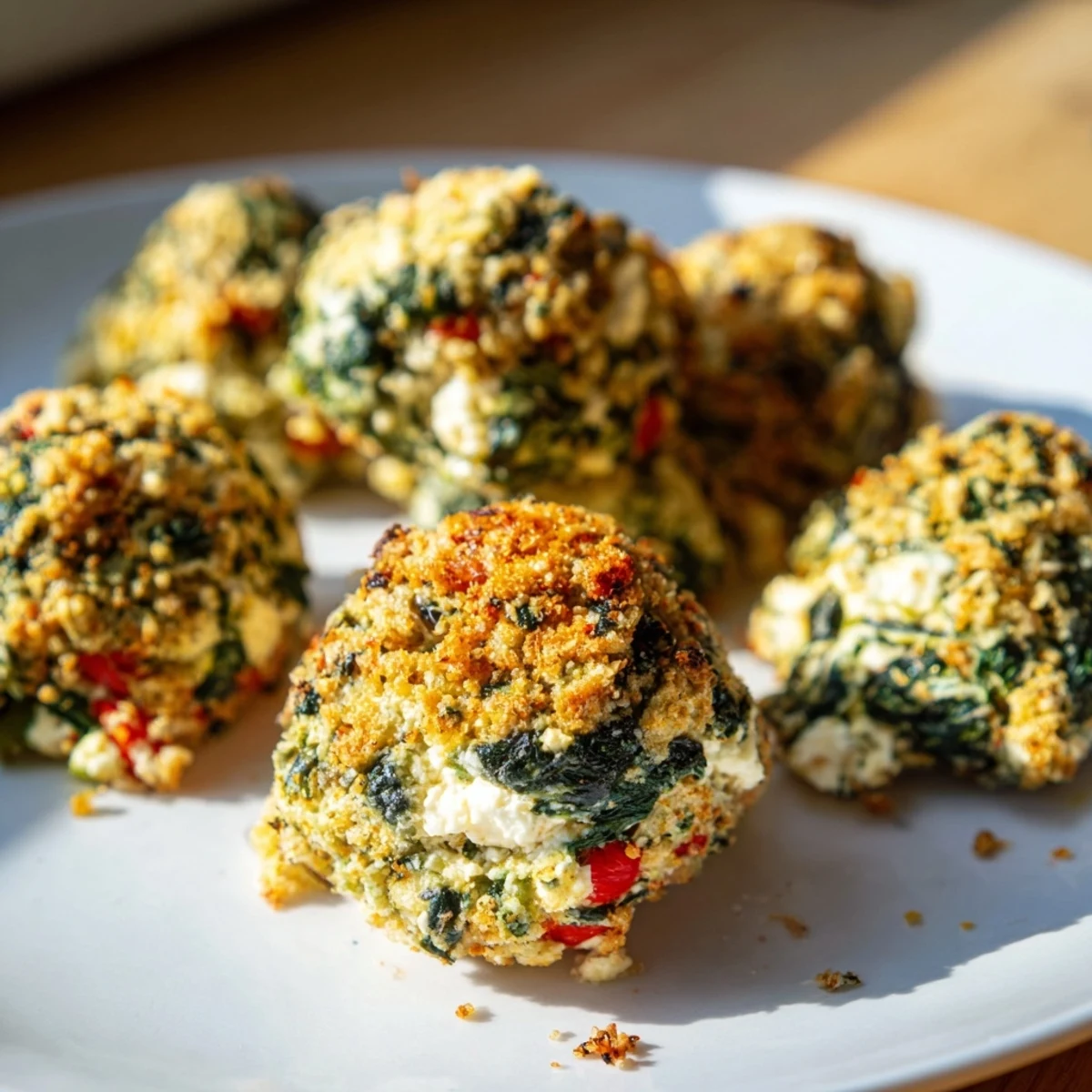 Close-up of Festive Spinach Bites showing creamy cheese filling and herbs, paired with a yogurt dipping sauce.