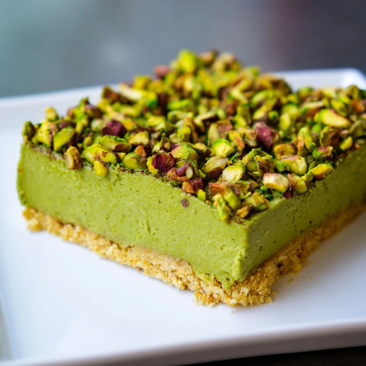 A close-up of Cozy Green Bars showing a chewy matcha and pistachio layer atop a buttery shortbread base, sliced into squares on a marble board.  